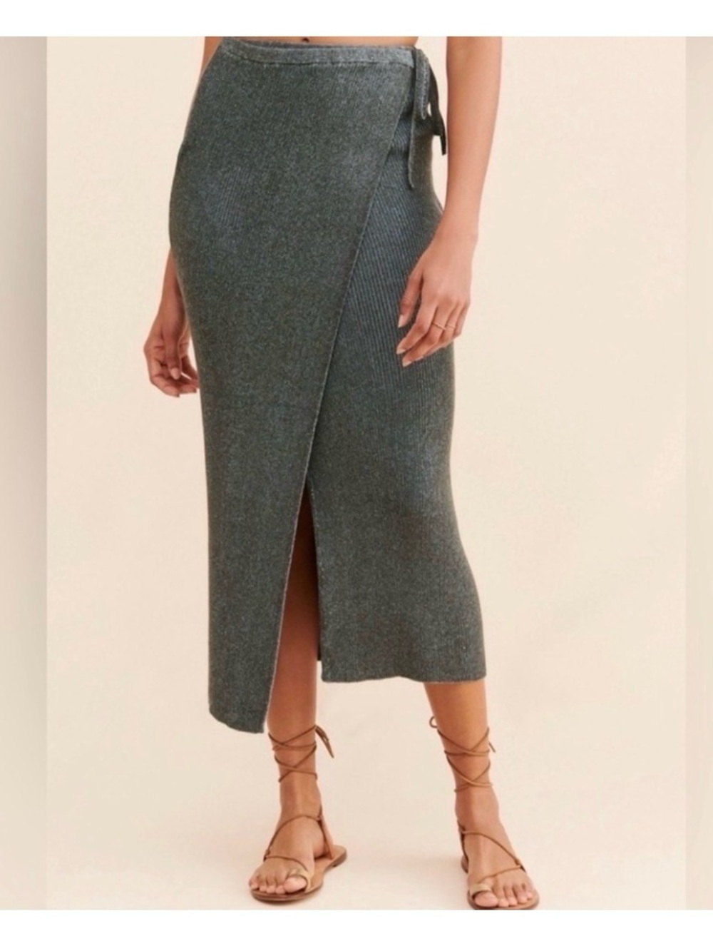 Free People mock wrap skirt rib knit sage gray S midi jersey